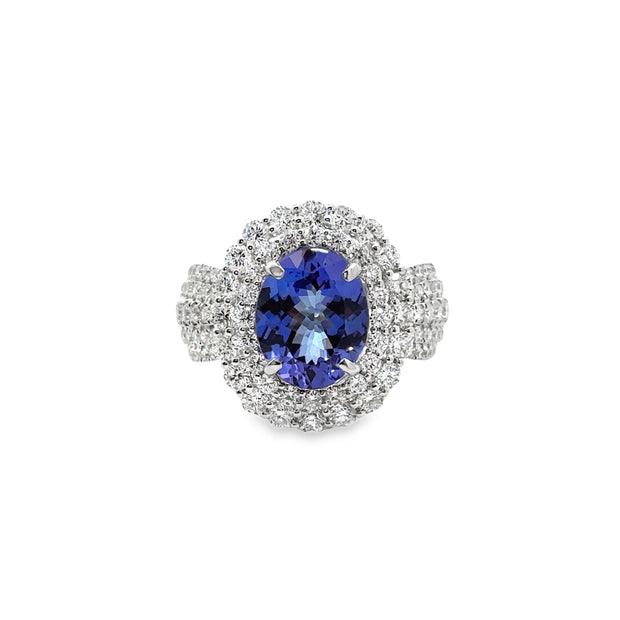 White Gold Tanzanite and Diamond Halo Ring
