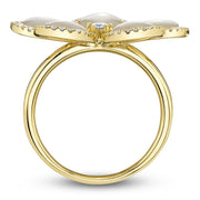 Shy Creation Yellow Gold Mother of Pearl and Diamond Flower Ring