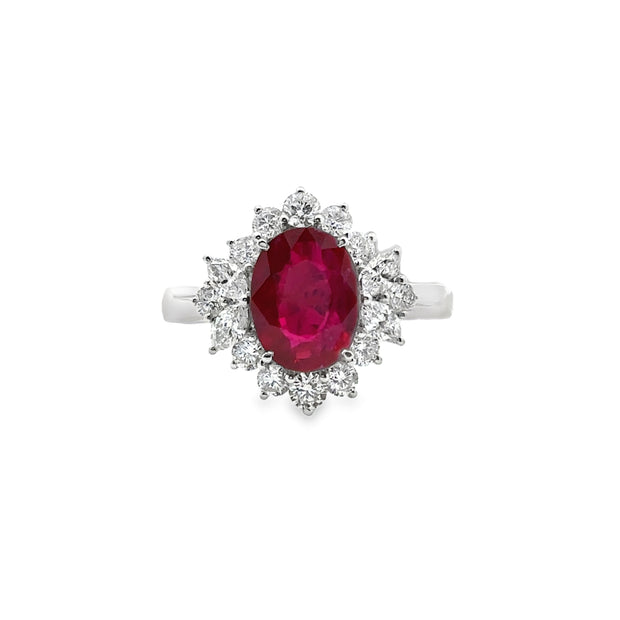White Gold Ruby and Diamond Halo Ring