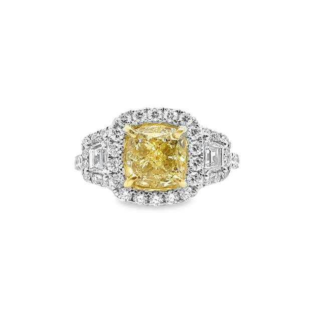 White Gold Fancy Yellow Diamond Three Stone Halo Ring