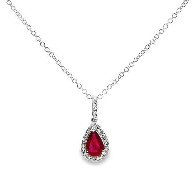 White Gold Ruby and Diamond Halo Pendant