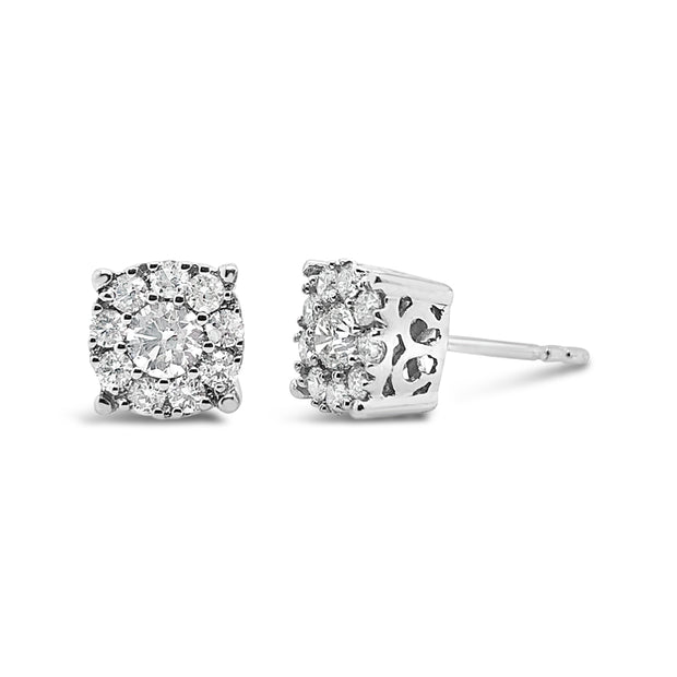 White Gold Diamond Halo Fashion Stud Earrings