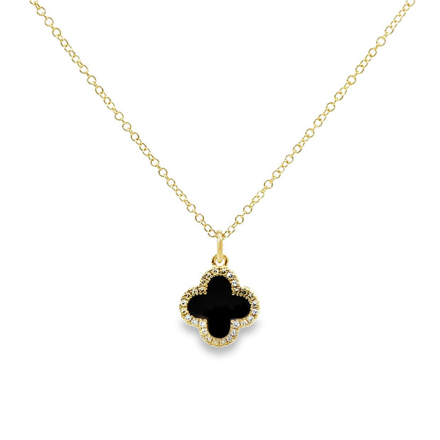 Shy Creation Yellow Gold Double-Sided Mother of Pearl/Black Onyx and Diamond Clover Pendant