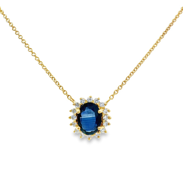 Yellow Gold Sapphire and Diamond Halo Necklace