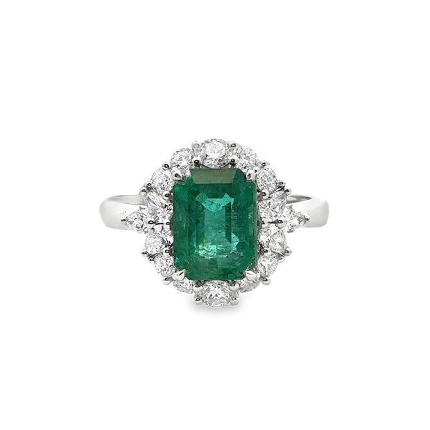 White Gold Emerald and Diamond Halo Ring