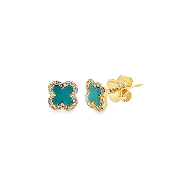 Yellow Gold Turquoise and Diamond Stud Earrings