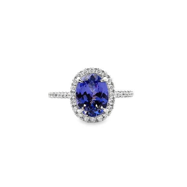 White Gold Tanzanite and Diamond Halo Ring