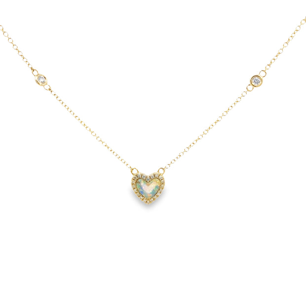 Yellow Gold Opal and Diamond Halo Heart Necklace
