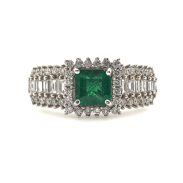 White Gold Emerald and Diamond Halo Ring