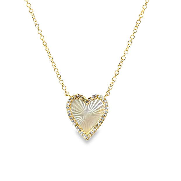 Yellow Gold Mother of Pearl and Diamond Heart Necklace