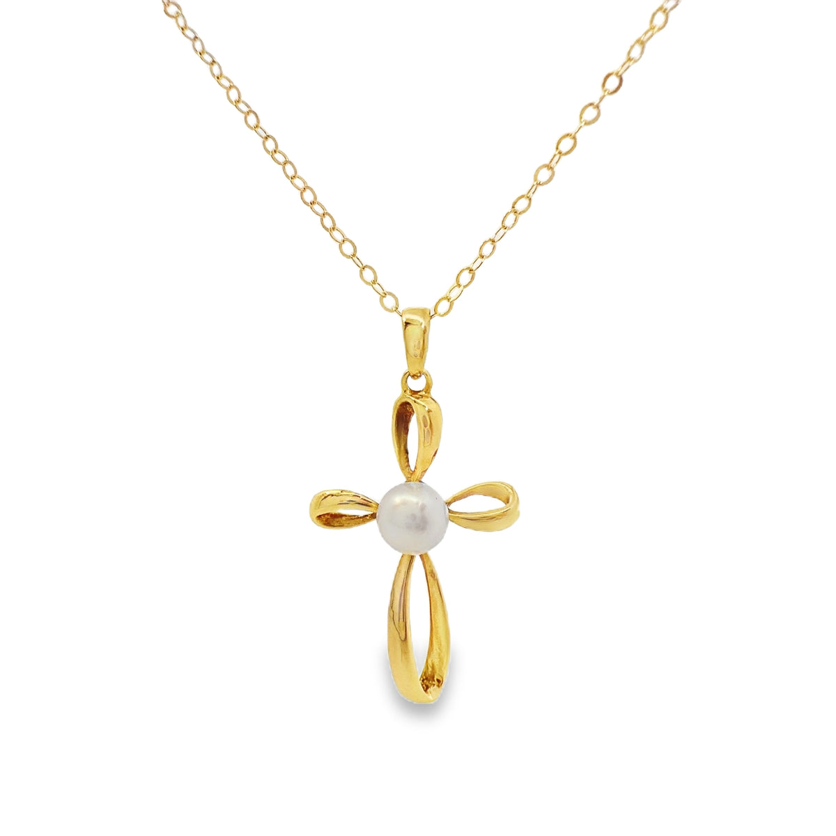 Yellow Gold Solitaire Pearl Cross Pendant