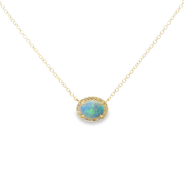 Yellow Gold Opal and Diamond Halo Necklace