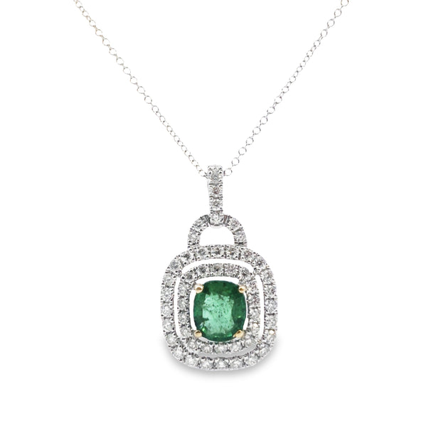 White Gold Emerald and Diamond Halo Pendant