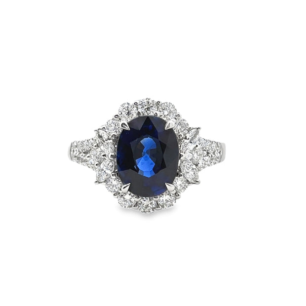 White Gold Sapphire and Diamond Halo Ring