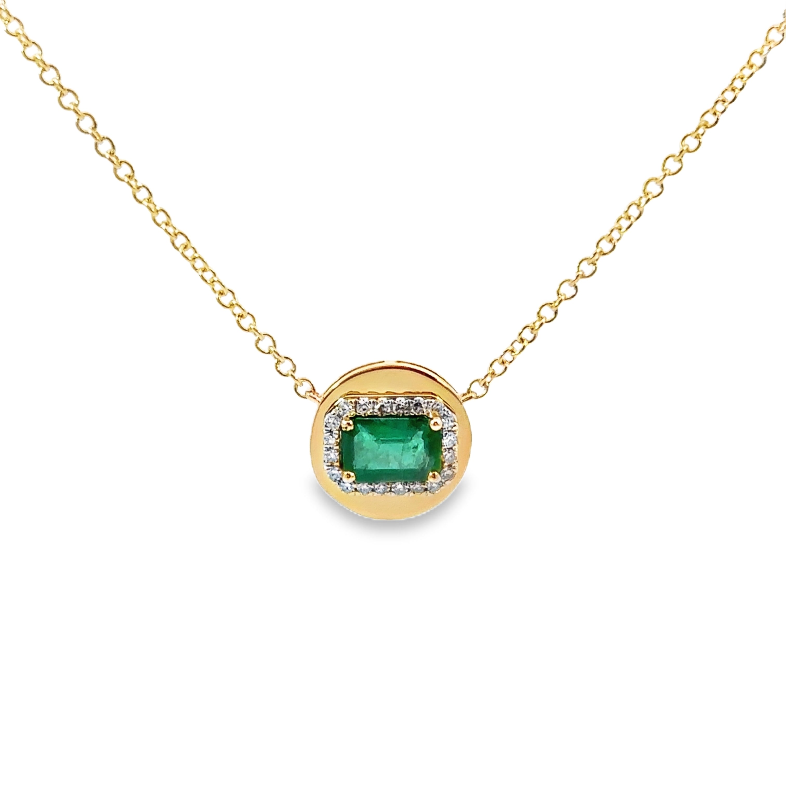 Yellow Gold Emerald and Diamond Halo Fashion Necklace