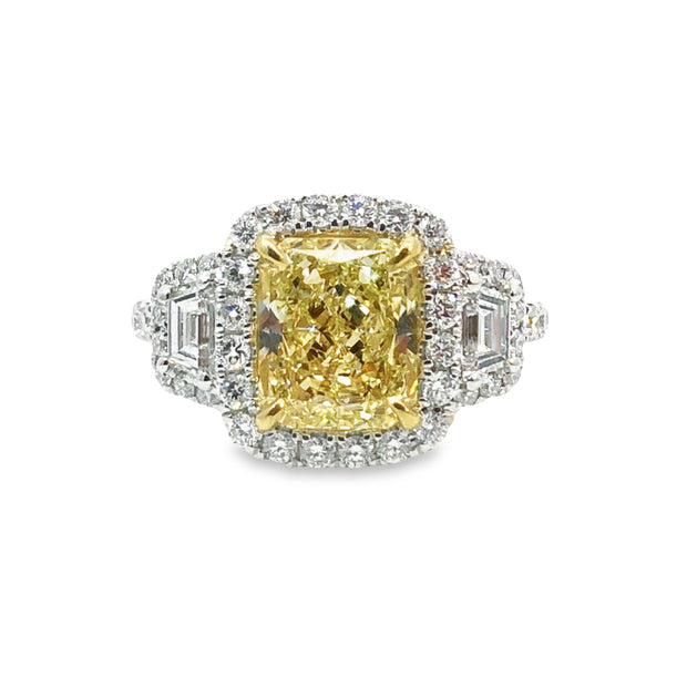 White/Yellow Gold Fancy Yellow Diamond Three Stone Halo Ring