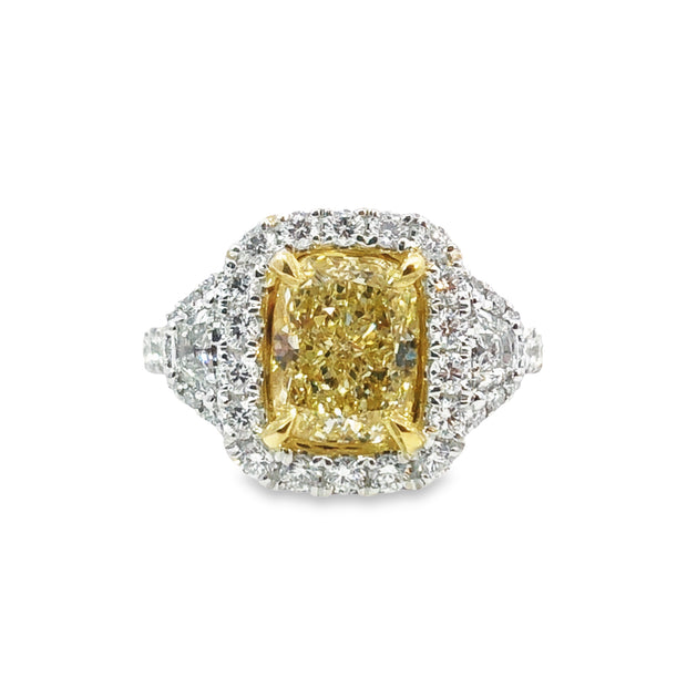 White/Yellow Gold Fancy Yellow Diamond Three Stone Halo Ring