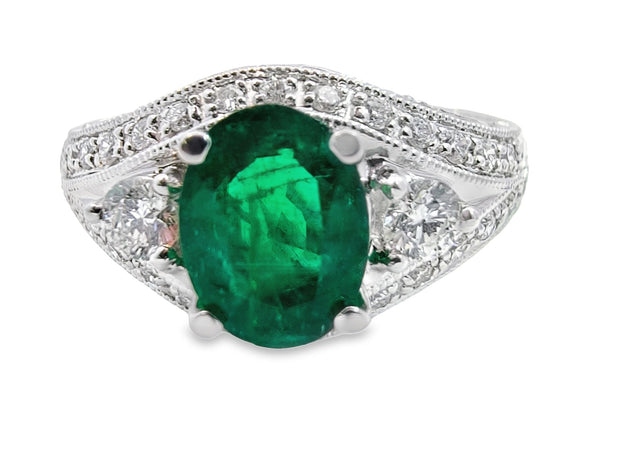 White Gold Emerald and Diamond Fashion Ring