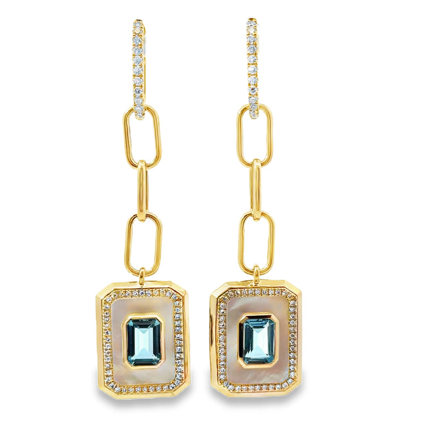 Yellow Gold Blue Topaz, Mother of Pearl and Diamond Dangle Earrings