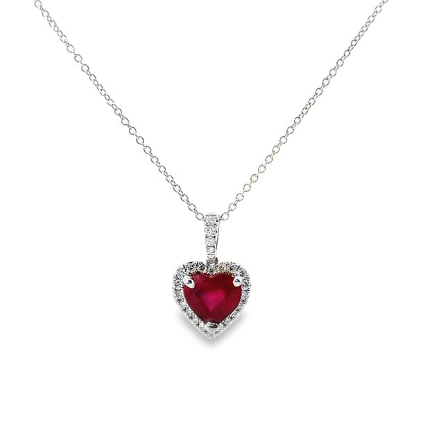 White Gold Ruby and Diamond Halo Heart Pendant