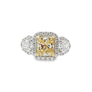 White Gold Fancy Yellow Diamond Three Stone Halo Ring