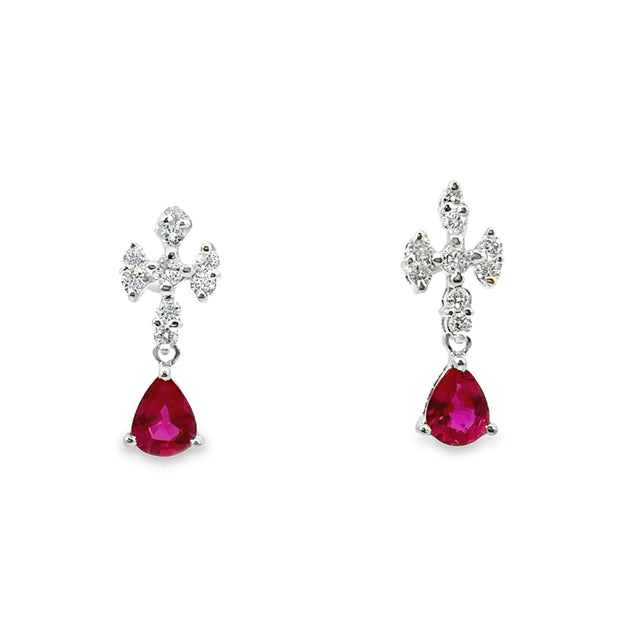 White Gold Ruby and Diamond Dangle Earrings