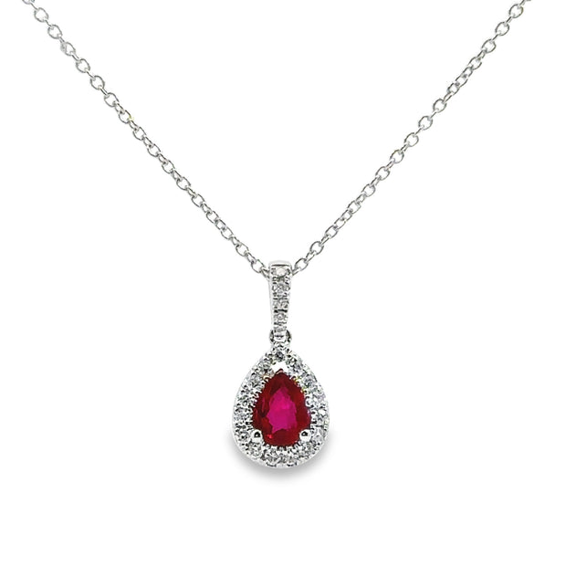 White Gold Ruby and Diamond Halo Pendant