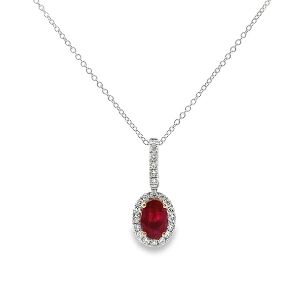 White Gold Ruby and Diamond Halo Pendant