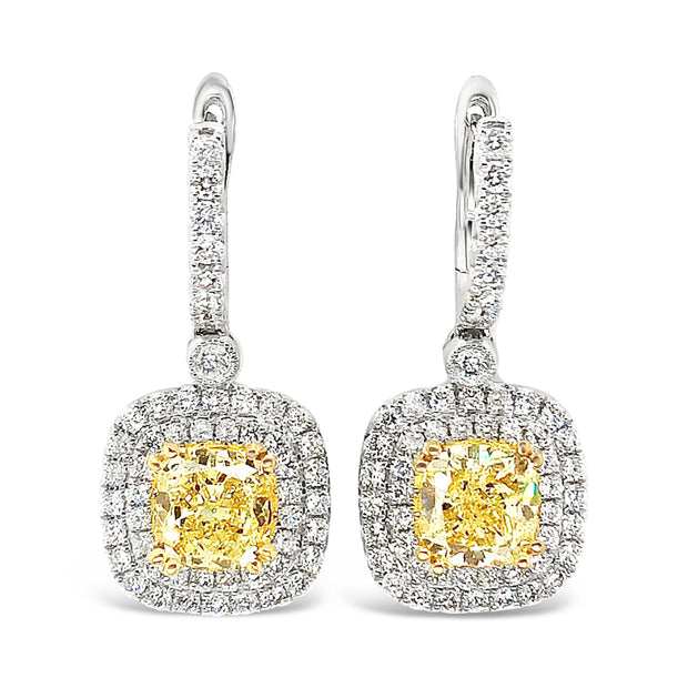 White/Yellow Gold Fancy Yellow Diamond Halo Drop Earrings