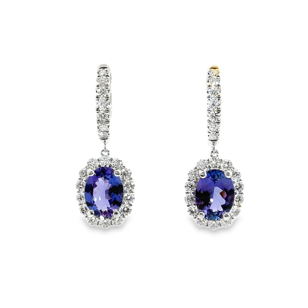 White Gold Tanzanite and Diamond Halo Dangle Earrings