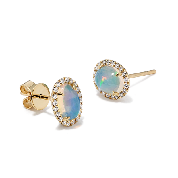 Yellow Gold Opal and Diamond Halo Stud Earrings