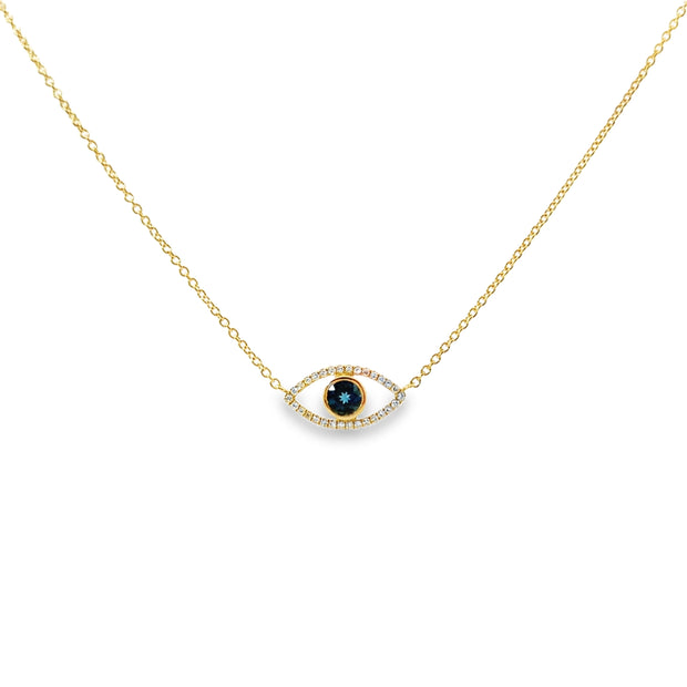 Yellow Gold Blue Topaz and Diamond Evil Necklace