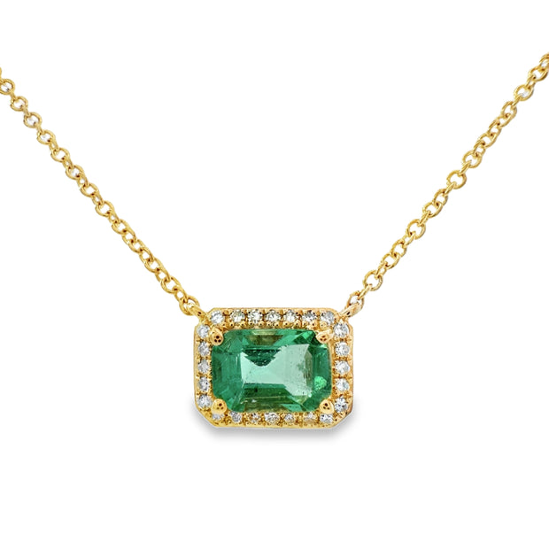 Yellow Gold Emerald and Diamond Halo Necklace