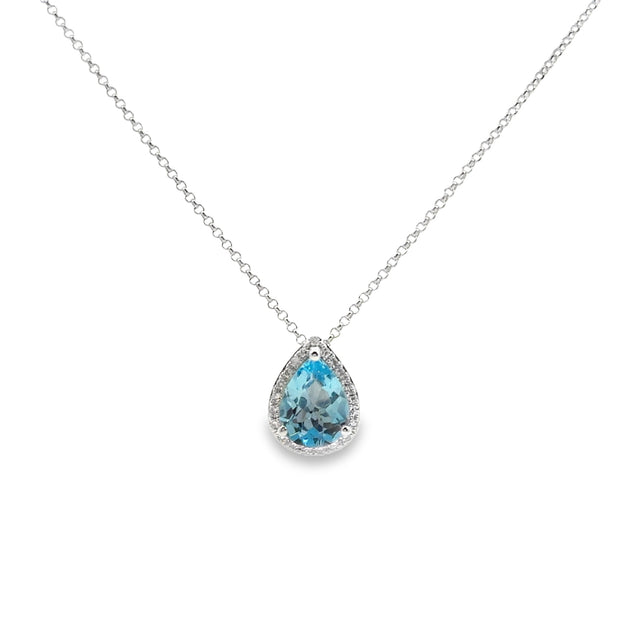 White Gold Blue Topaz and Diamond Halo Pendant