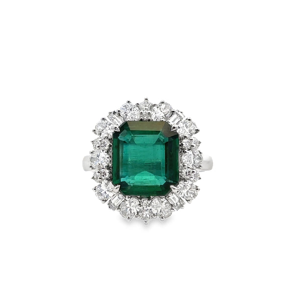 White Gold Emerald and Diamond Halo Ring