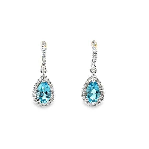 White Gold Blue Topaz and Diamond Halo Dangle Earrings