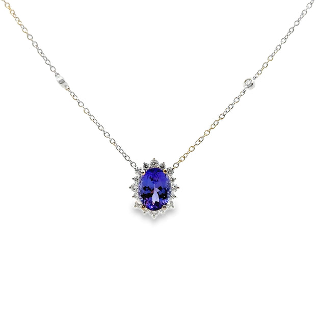 White Gold Tanzanite and Diamond Halo Necklace