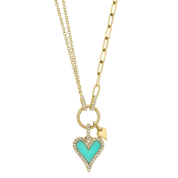Shy Creation Yellow Gold Turquoise and Diamond Heart Necklace