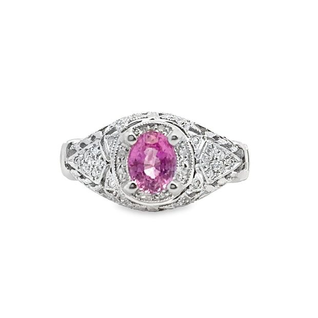 White Gold Pink Sapphire and Diamond Fashion Ring