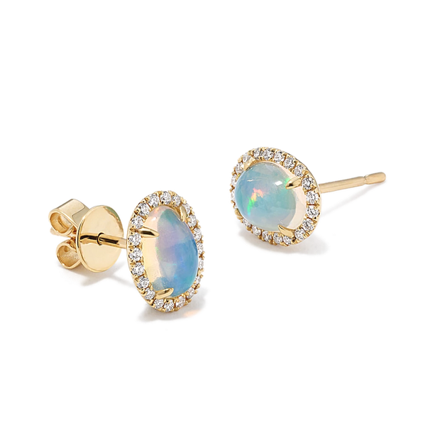 Yellow Gold Opal and Diamond Halo Stud Earrings