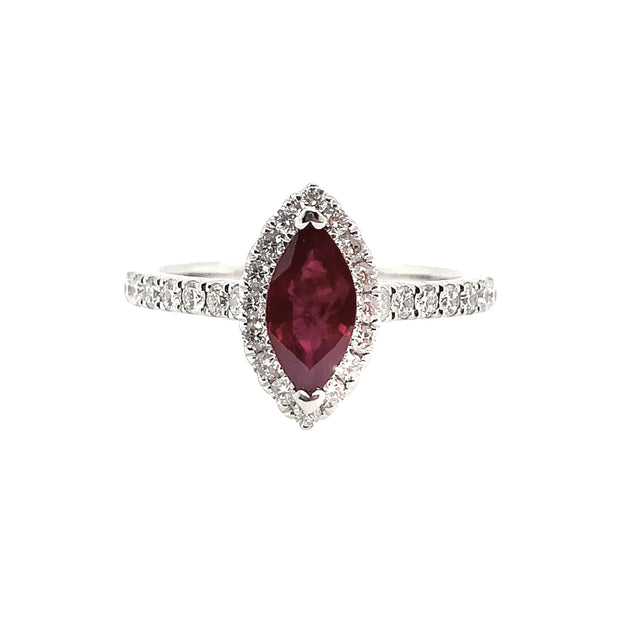 White Gold Ruby and Diamond Halo Ring