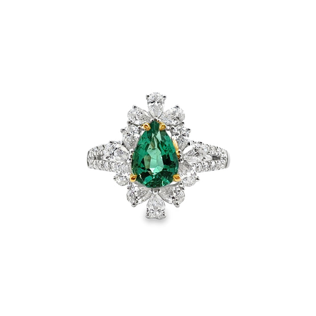 White Gold Emerald and Diamond Halo Ring