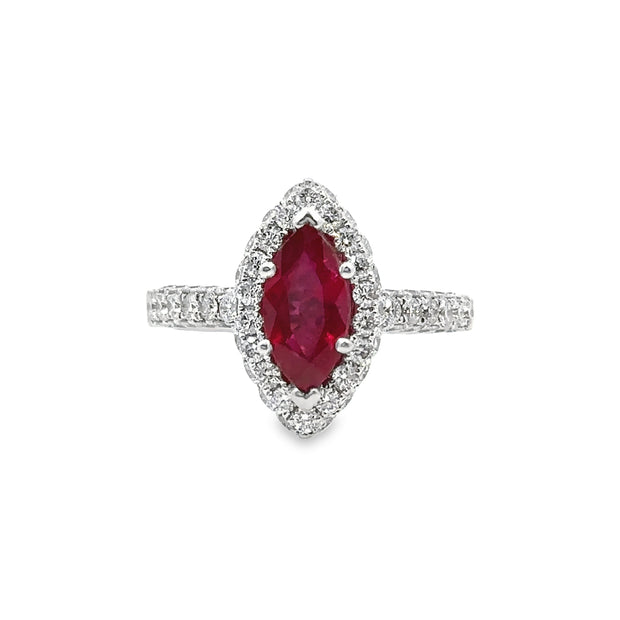 White Gold Ruby and Diamond Halo Ring