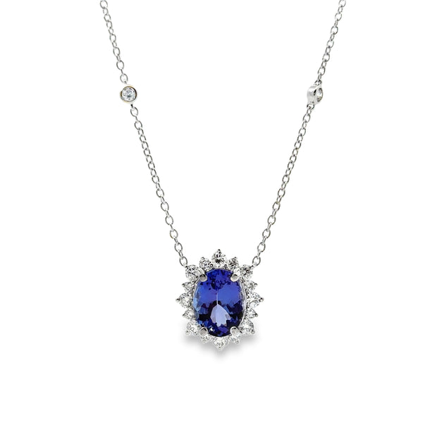 White Gold Tanzanite and Diamond Halo Neckalce