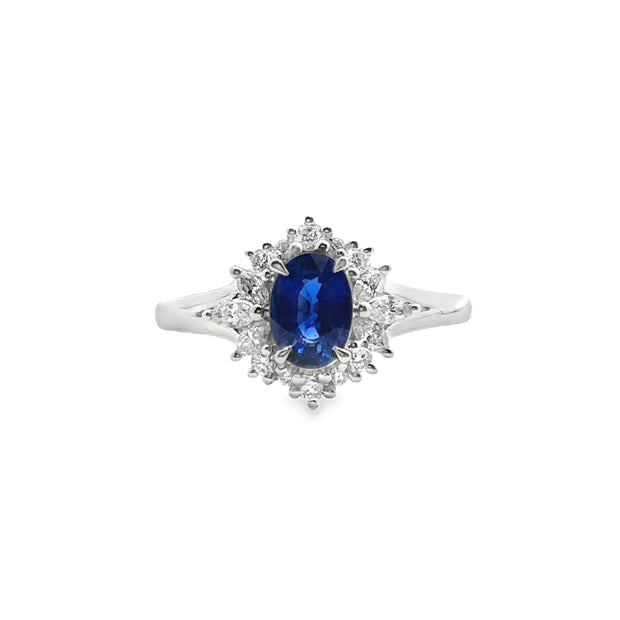White Gold Sapphire and Diamond Halo Ring
