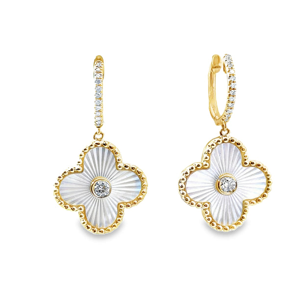 Yellow Gold Mother of Pearl and Diamond Clover Shape Dangle Earrings