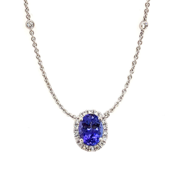 White Gold Tanzanite and Diamond Halo Necklace