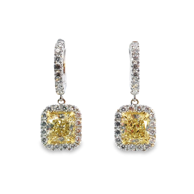 White/Yellow Gold Fancy Yellow Diamond Halo Drop Earrings