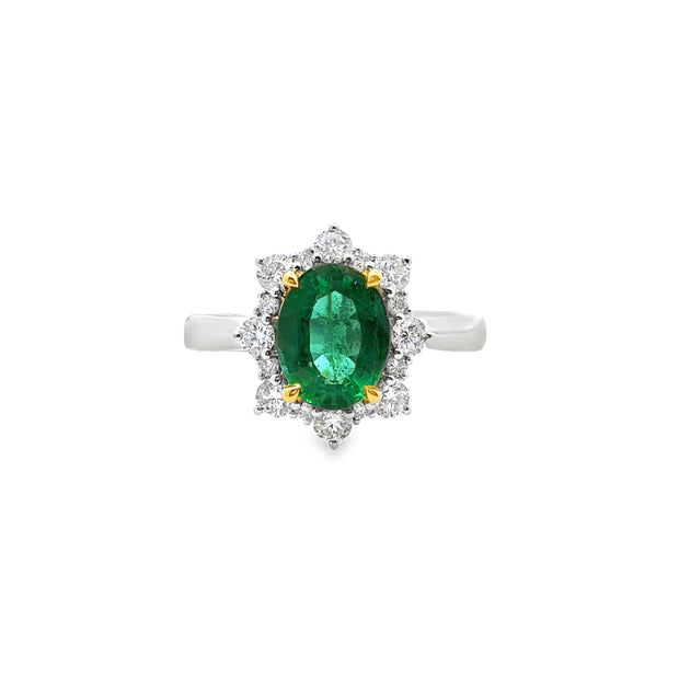 White Gold Emerald and Diamond Halo Ring