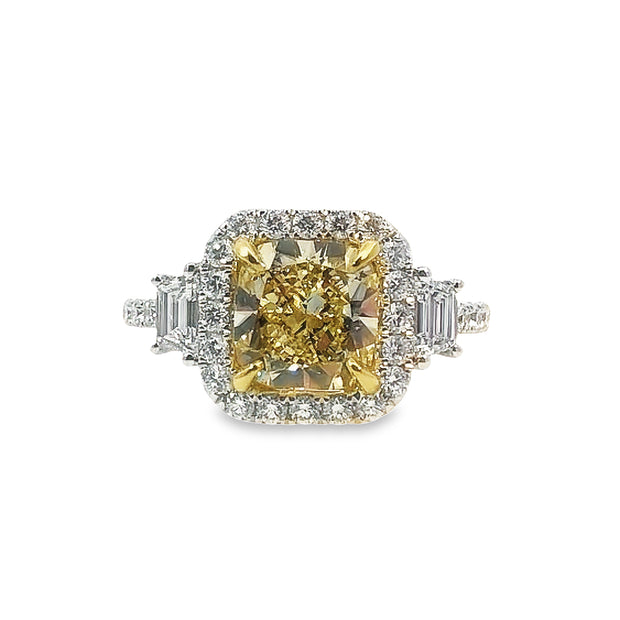 White/Yellow Gold Fancy Yellow Cushion Halo Three Stone Diamond Ring